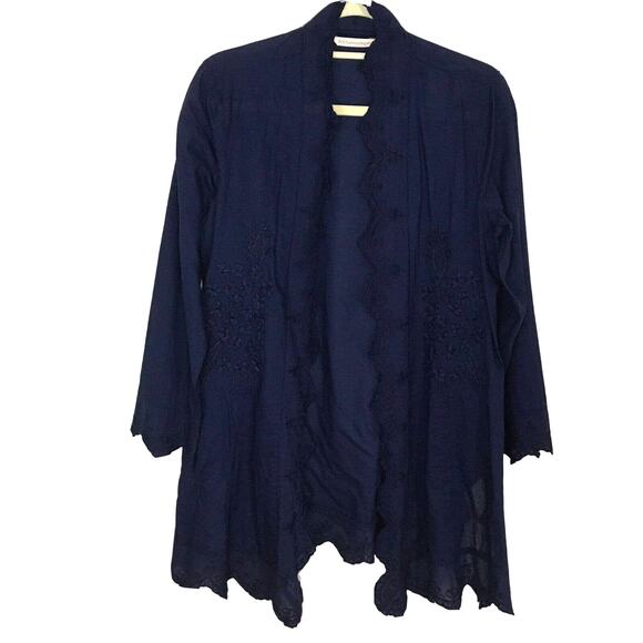 NWT Soft Surroundings Sonoma Embroidered Asymmetrical Hem Open Cardigan Navy SP - Picture 12 of 13